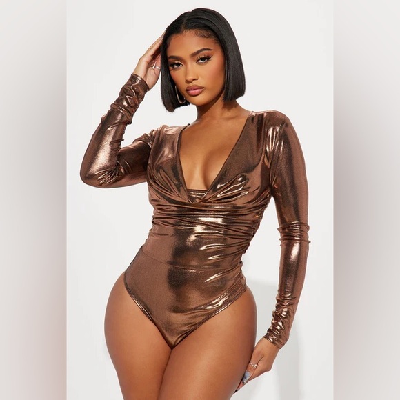 Tops - Metallic Bronze Long Sleeve Bodysuit